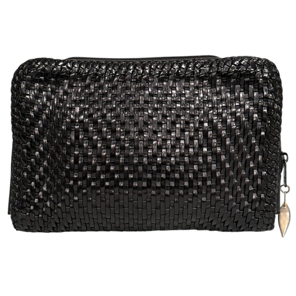 Vintage De Vecchi By Hamilton Hodge Black Woven Leather Zippered Clutch Purse